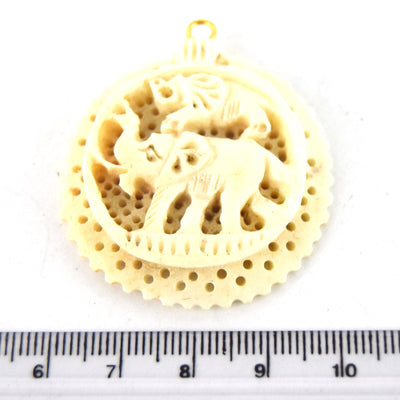 38mm x 40mm - White/Ivory - Hand Carved Elephants- Round Shaped Natural Ox Bone Pendant