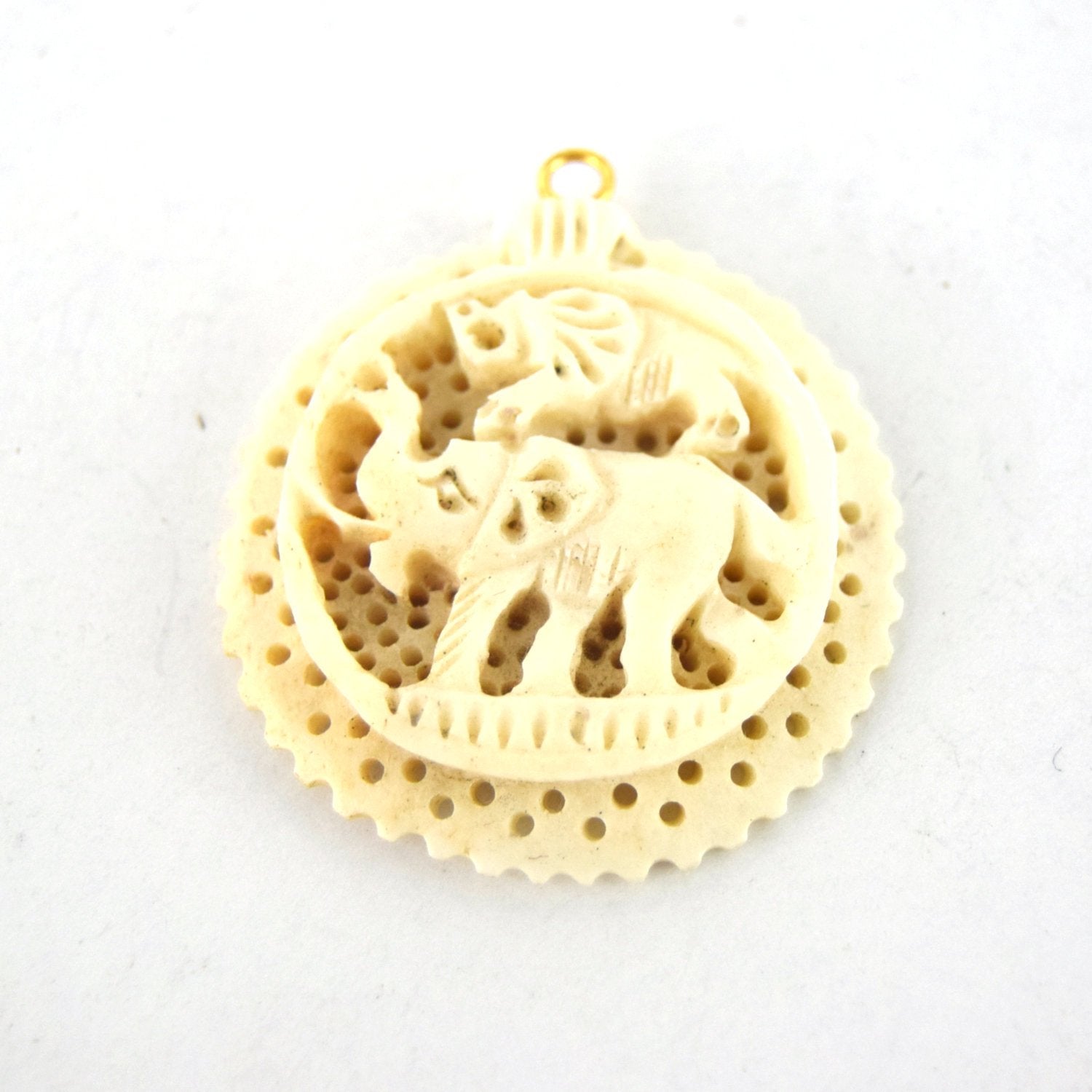 38mm x 40mm - White/Ivory - Hand Carved Elephants- Round Shaped Natural Ox Bone Pendant