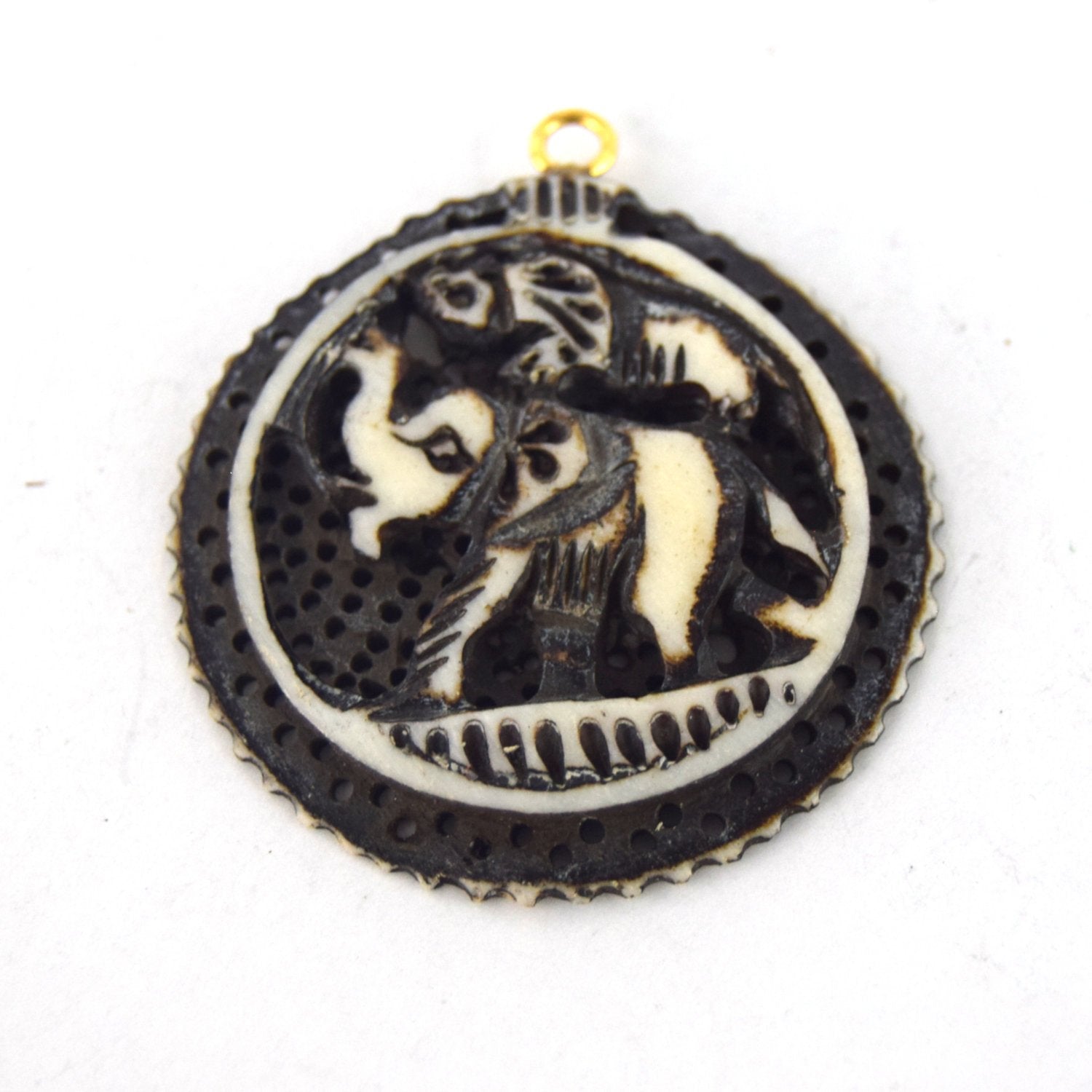 38mm x 40mm - White and Black - Hand Carved Elephants - Round Shaped Natural Ox Bone Pendant