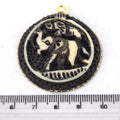 38mm x 40mm - White and Black - Hand Carved Elephants - Round Shaped Natural Ox Bone Pendant