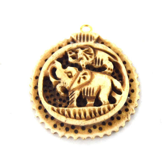 38mm x 40mm - Light Brown - Hand Carved Elephants - Round Shaped Natural Ox Bone Pendant