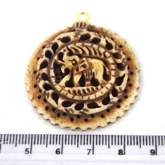 38mm x 40mm - Light Brown - Hand Carved Elephant with Scallops - Round Shaped Natural OxBone Pendant