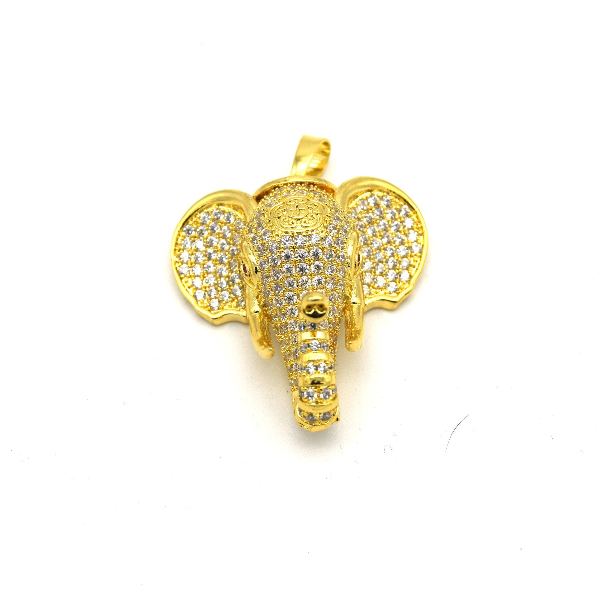 30mm x 32mm Gold Plated CZ Cubic Zirconia Pave Elephant Head Shaped Bailed Pendant