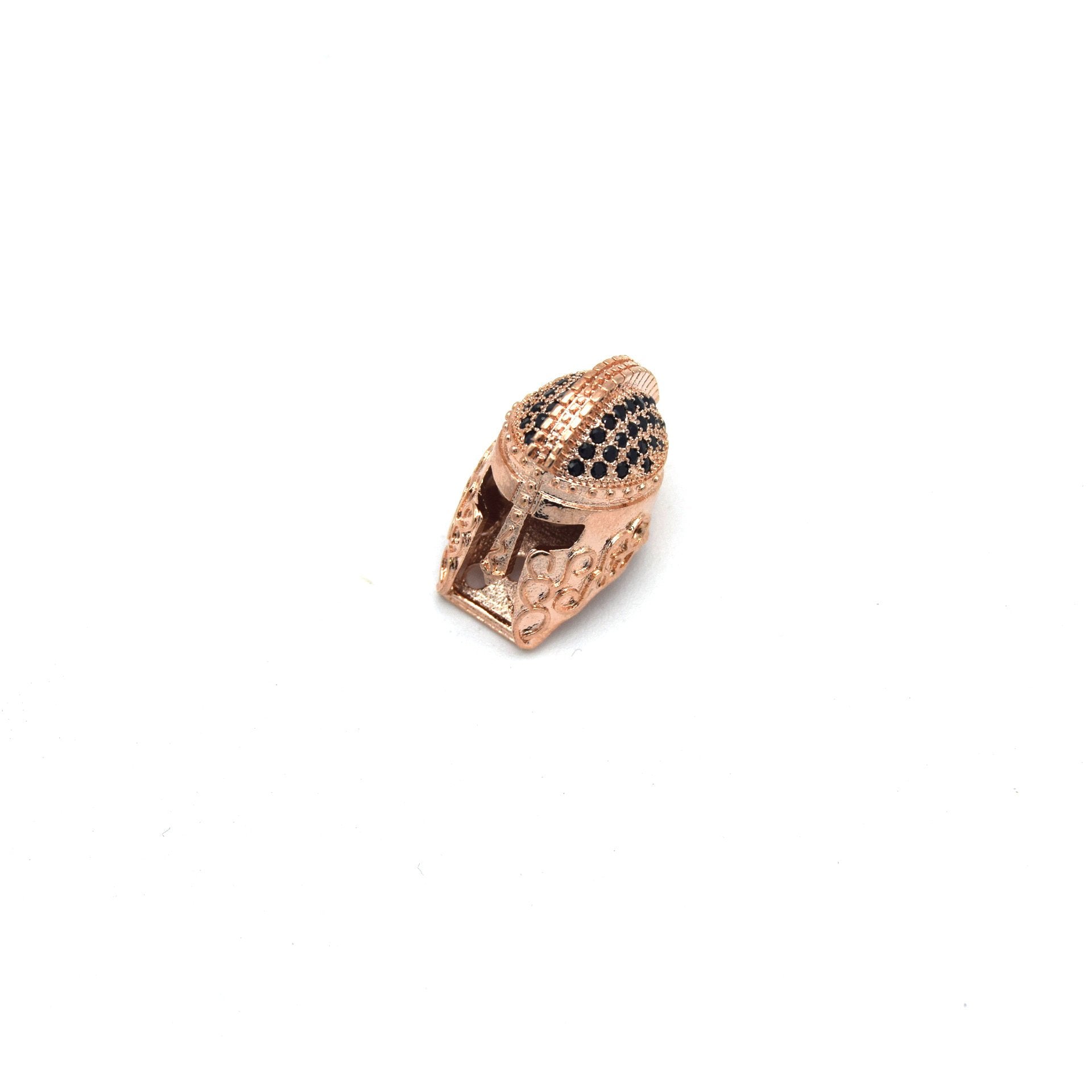 10mm x 20mm Rose Gold Plated Cubic Zirconia Spartan Helmet Shaped Bead with Black Inlaid CZ