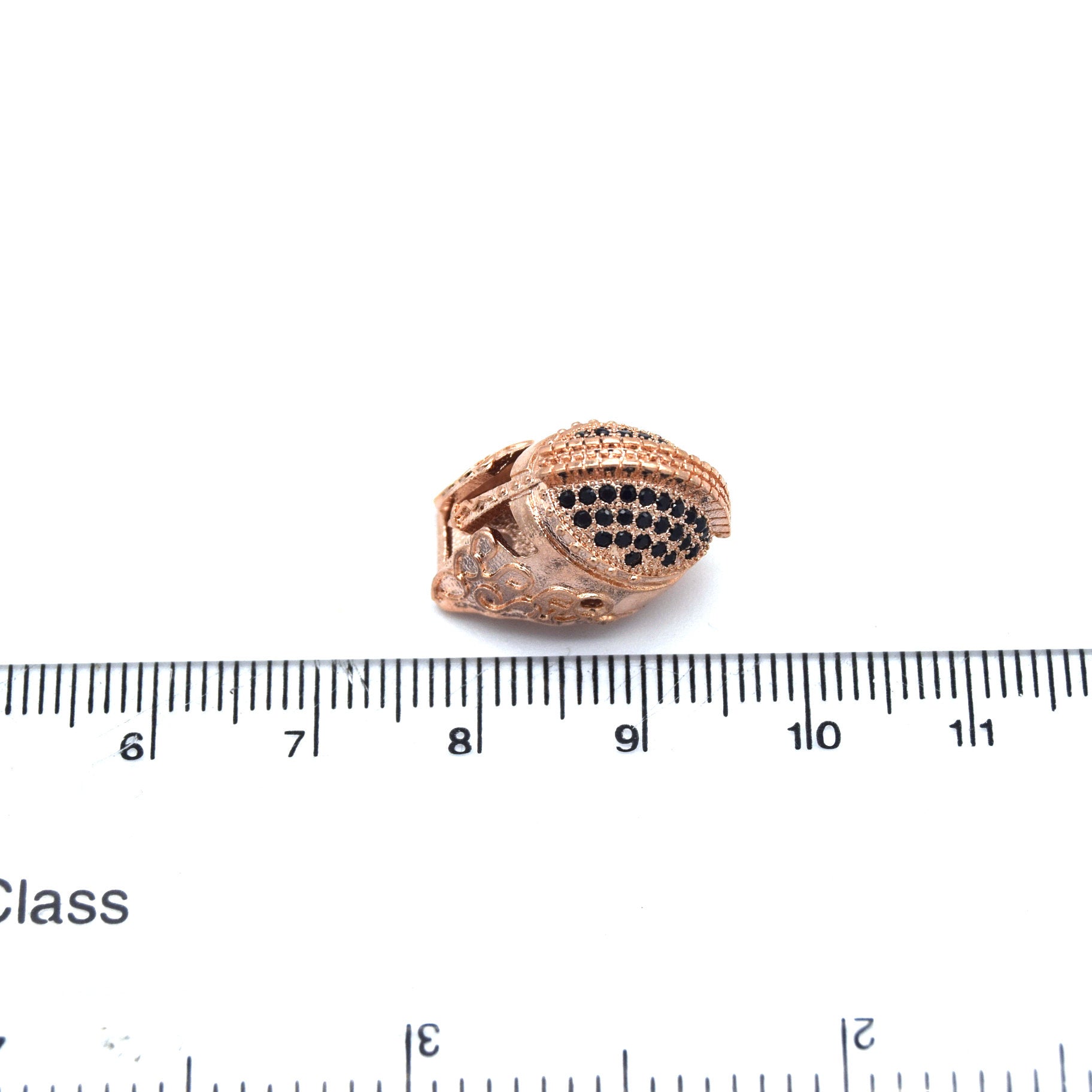 10mm x 20mm Rose Gold Plated Cubic Zirconia Spartan Helmet Shaped Bead with Black Inlaid CZ