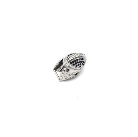 10mm x 20mm Silver Plated Cubic Zirconia Spartan Helmet Shaped Bead with Black Inlaid CZ