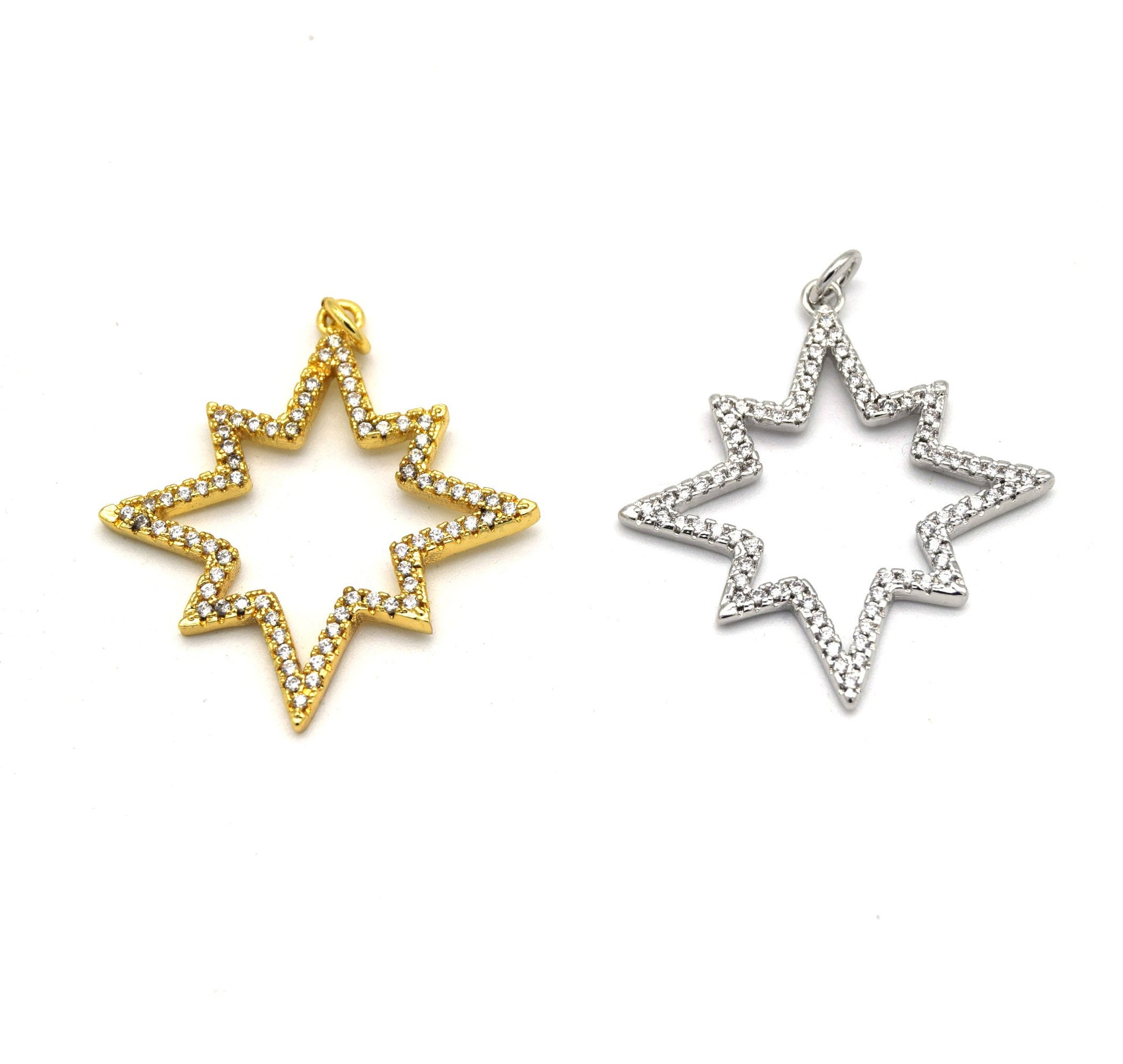 30mm x 30mm Silver Plated CZ Cubic Zirconia Inlaid Octagonal Star Shaped Bailed Pendant