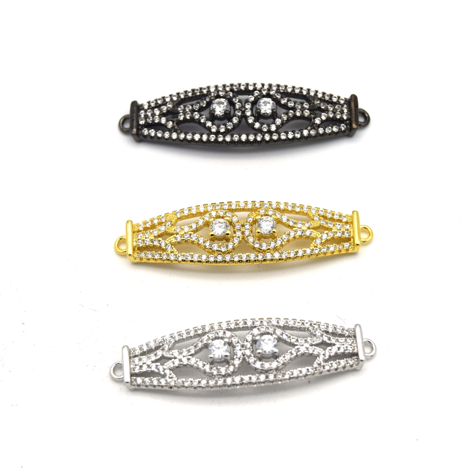 35mm x 10mm Silver Plated CZ Cubic Zirconia Curved Ornate Band Shaped Connector