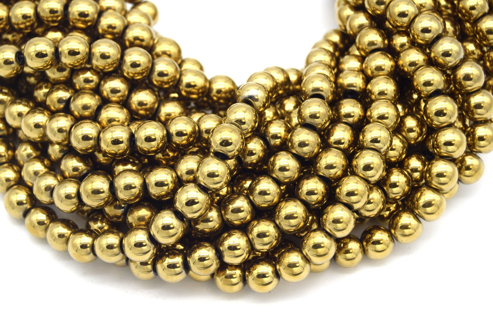 8mm Smooth Natural Gold Hematite Round/Ball Shaped Beads - (Approx. 15.5" Strand ~55 Beads)