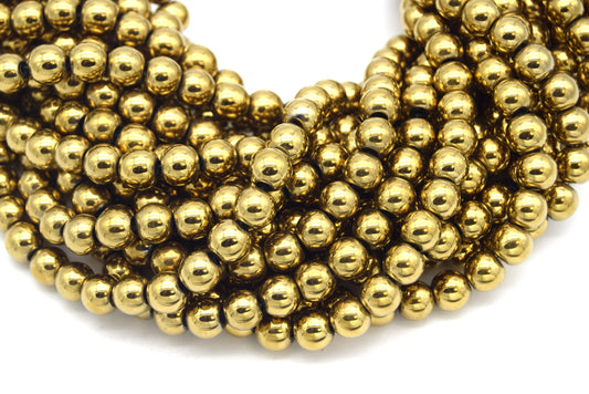 8mm Smooth Natural Gold Hematite Round/Ball Shaped Beads - (Approx. 15.5" Strand ~55 Beads)