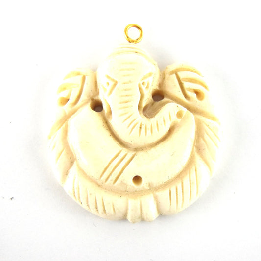 38mm x 40mm - White/Ivory - Hand Carved Ganesha- Round Shaped Natural OxBone Pendant