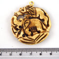 38mm x 40mm - Light Brown - Hand Carved Elephant and Lion - Round Shaped Natural Ox Bone Pendant