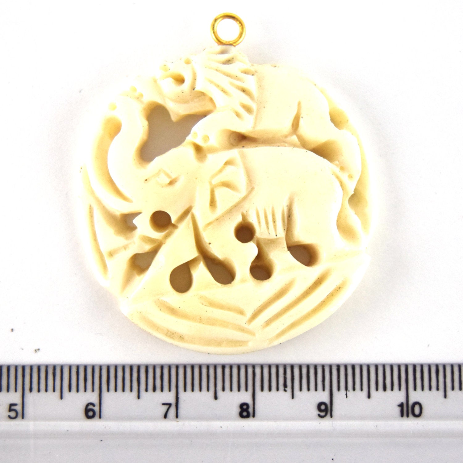 38mm x 40mm - White/Ivory - Hand Carved Elephant and Lion - Round Shaped Natural OxBone Pendant