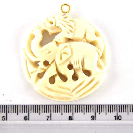 38mm x 40mm - White/Ivory - Hand Carved Elephant and Lion - Round Shaped Natural OxBone Pendant