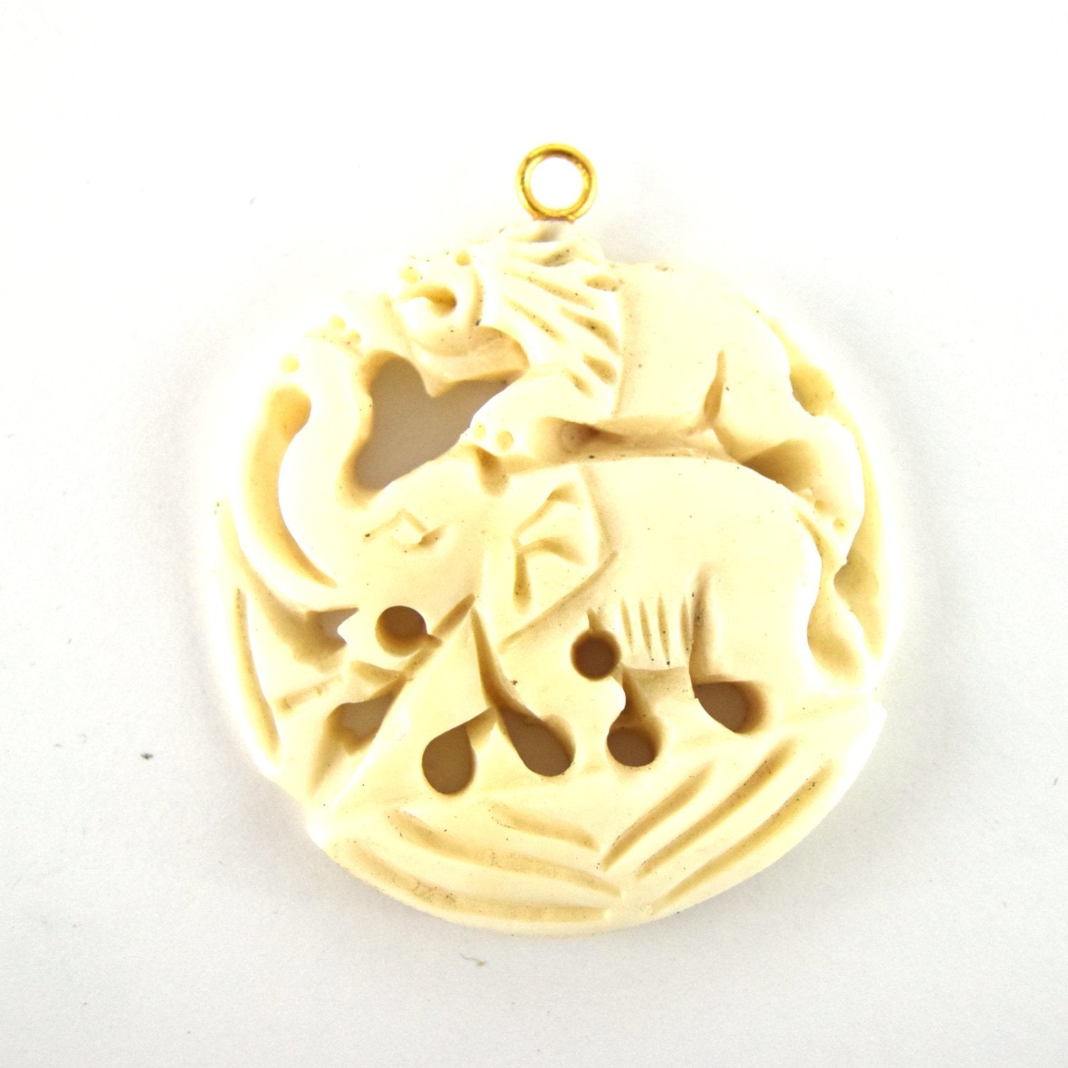38mm x 40mm - White/Ivory - Hand Carved Elephant and Lion - Round Shaped Natural OxBone Pendant