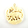 38mm x 40mm - White/Ivory - Hand Carved Elephant and Lion - Round Shaped Natural OxBone Pendant