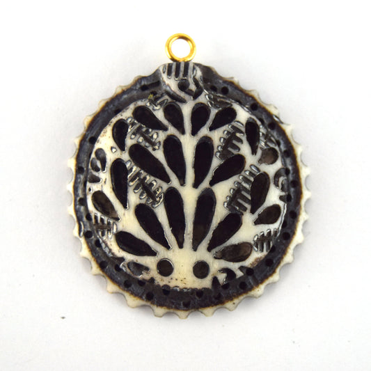38mm x 40mm - White/Black - Hand Carved Peacock with Scallops- Round Shaped Natural Ox Bone Pendant