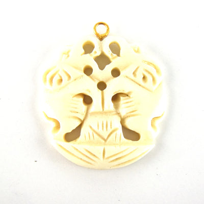 38mm x 40mm - White/Ivory - Hand Carved Dual Elephants- Round Shaped Natural OxBone Pendant