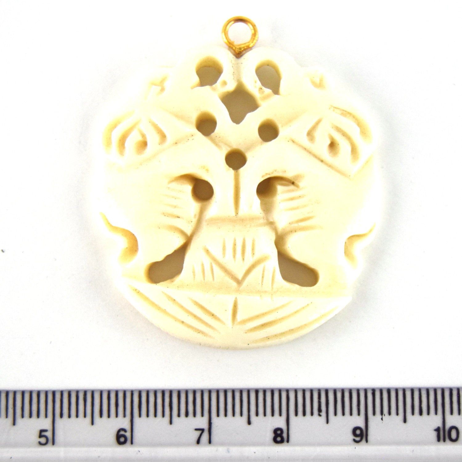 38mm x 40mm - White/Ivory - Hand Carved Dual Elephants- Round Shaped Natural OxBone Pendant