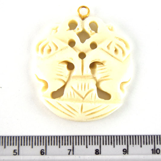 38mm x 40mm - White/Ivory - Hand Carved Dual Elephants- Round Shaped Natural OxBone Pendant