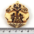 38mm x 40mm - Light Brown - Hand Carved Dual Lions - Round Shaped Natural Ox Bone Pendant