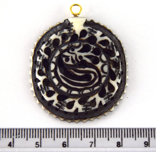 38mm x 40mm - White and Black - Hand Carved Serpant - Round Shaped Natural Ox Bone Pendant