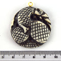 38mm x 40mm - White and Black - Hand Carved Coiled Snake - Round Shaped Natural Ox Bone Pendant