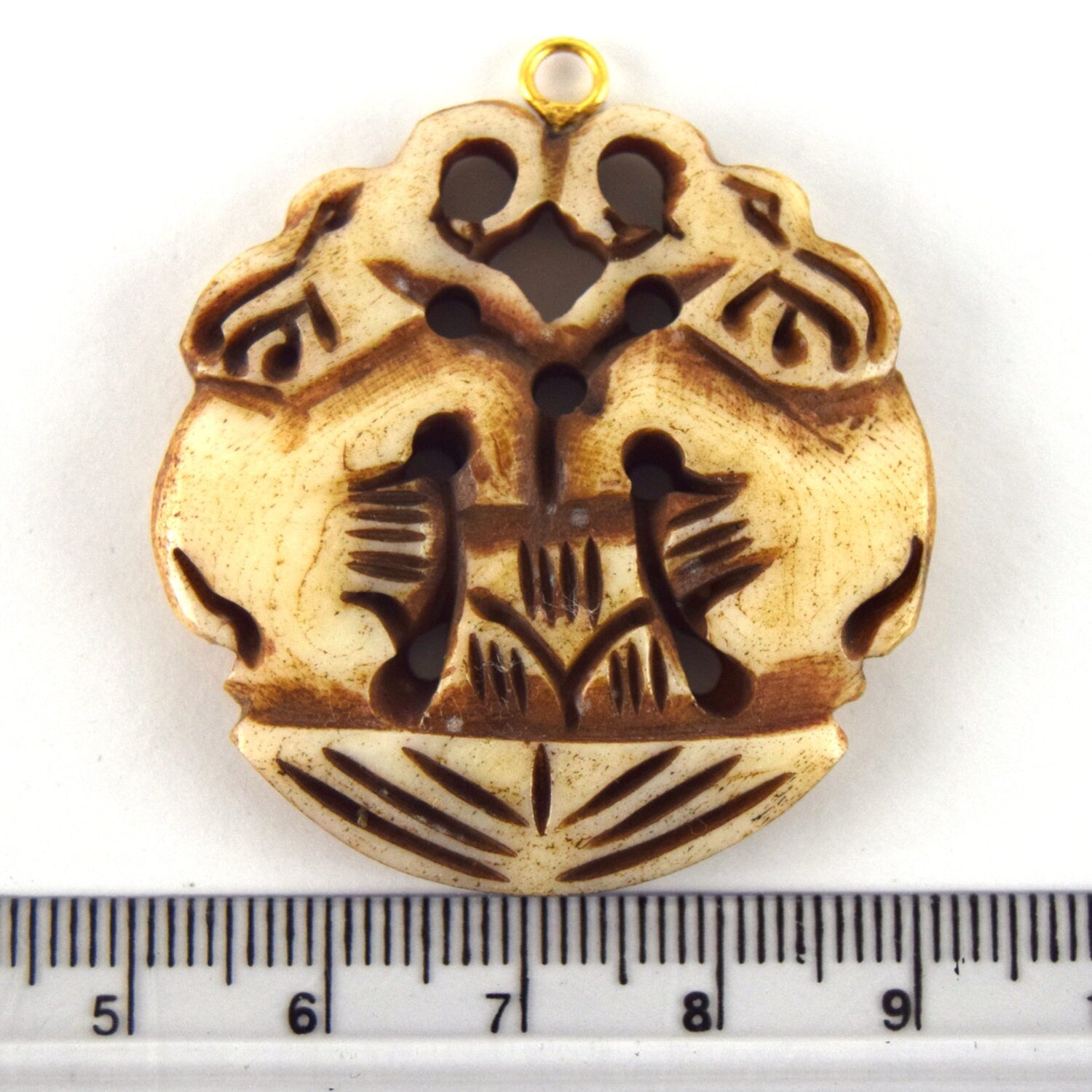 38mm x 40mm - Light Brown - Hand Carved Dual Elephants - Round Shaped Natural OxBone Pendant