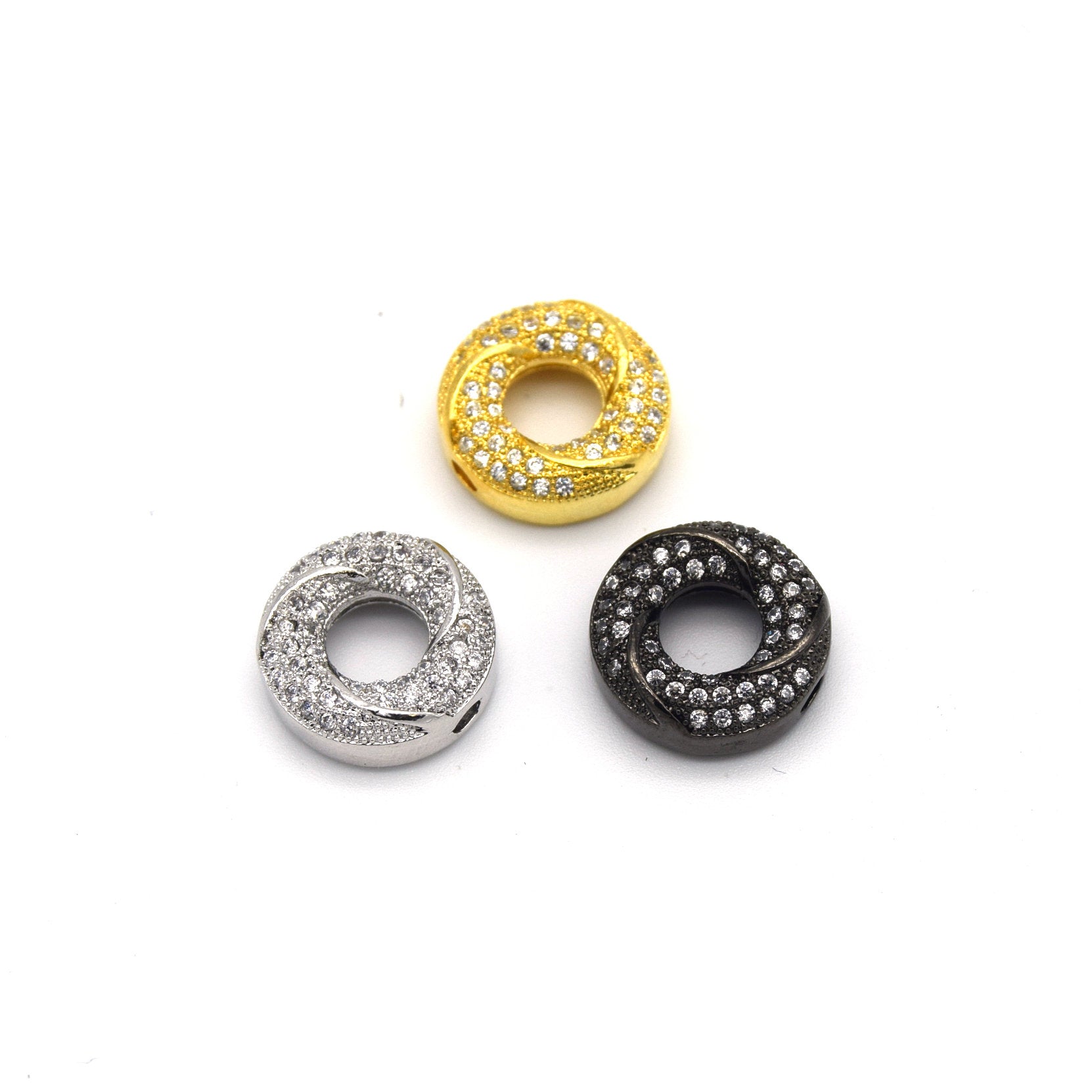 13mm x 13mm Gunmetal Plated Cubic Zirconia Encrusted/Inlaid Swirled Donut/Ring Shaped Bead