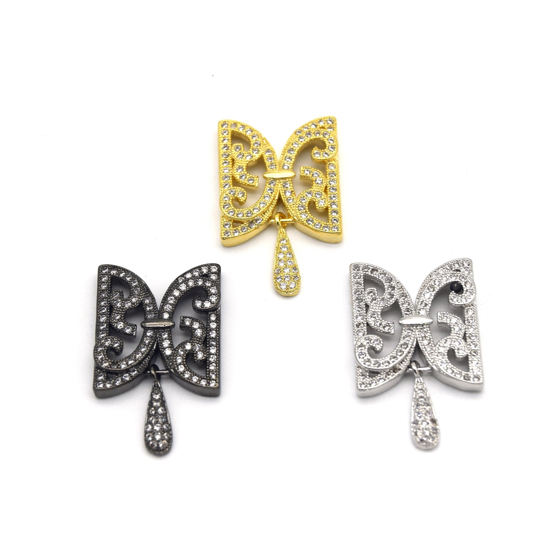 15mm x 25mm Gunmetal Plated Cubic Zirconia Encrusted/Inlaid Ornate Butterflied Connector w Drop