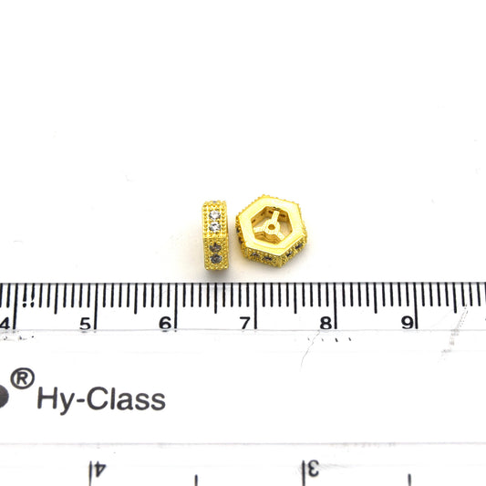 8mm x 8mm Gold Plated Cubic Zirconia Encrusted/Inlaid Eyed Hexagon Shaped Bead