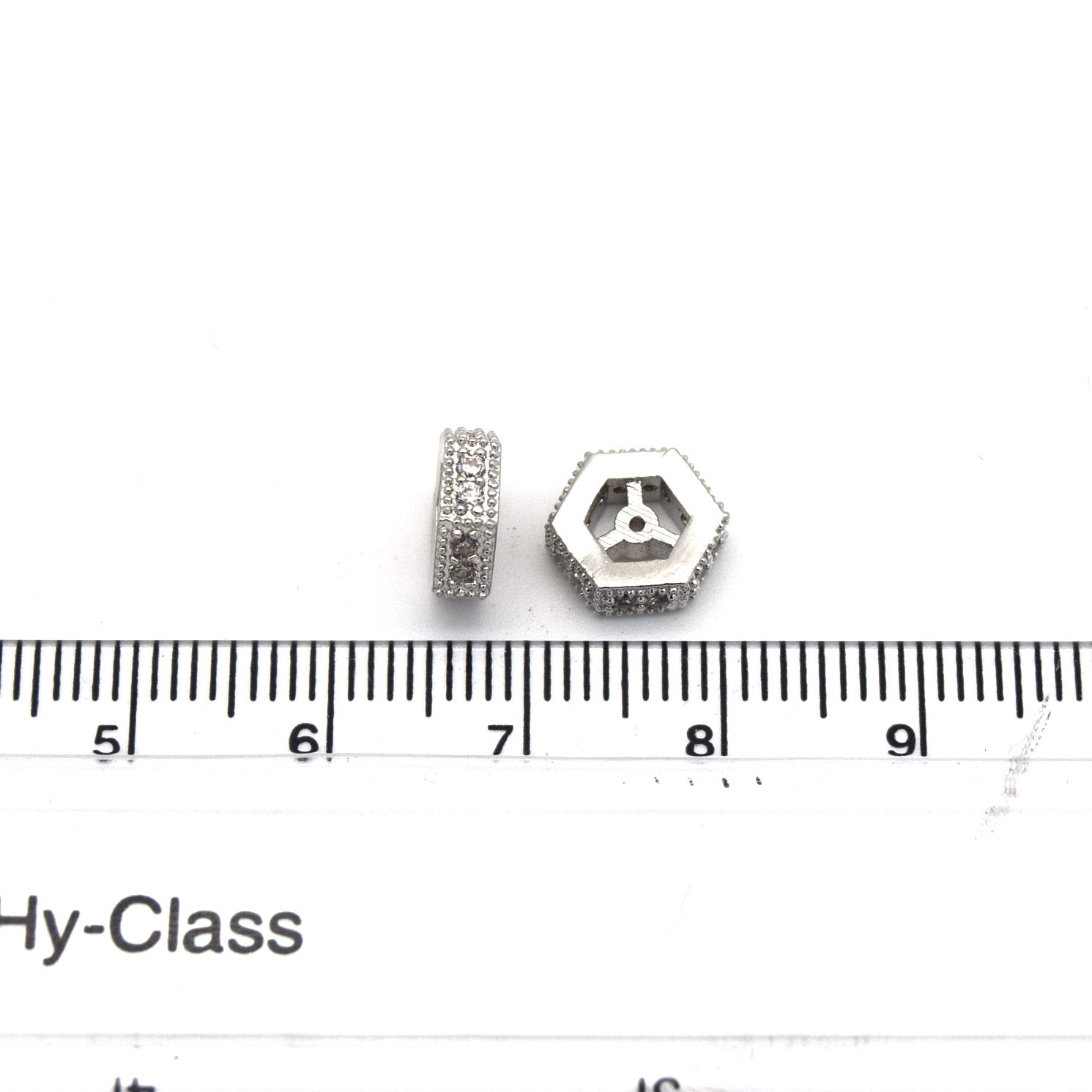 8mm x 8mm Silver Plated Cubic Zirconia Encrusted/Inlaid Eyed Hexagon Shaped Bead