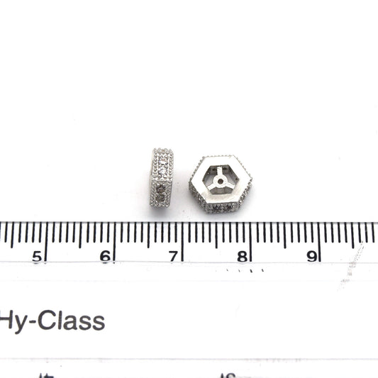 8mm x 8mm Silver Plated Cubic Zirconia Encrusted/Inlaid Eyed Hexagon Shaped Bead