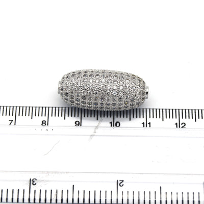 12mm x 28mm Silver Plated White CZ Cubic Zirconia Inlaid Rounded Barrel Shaped Copper Bead