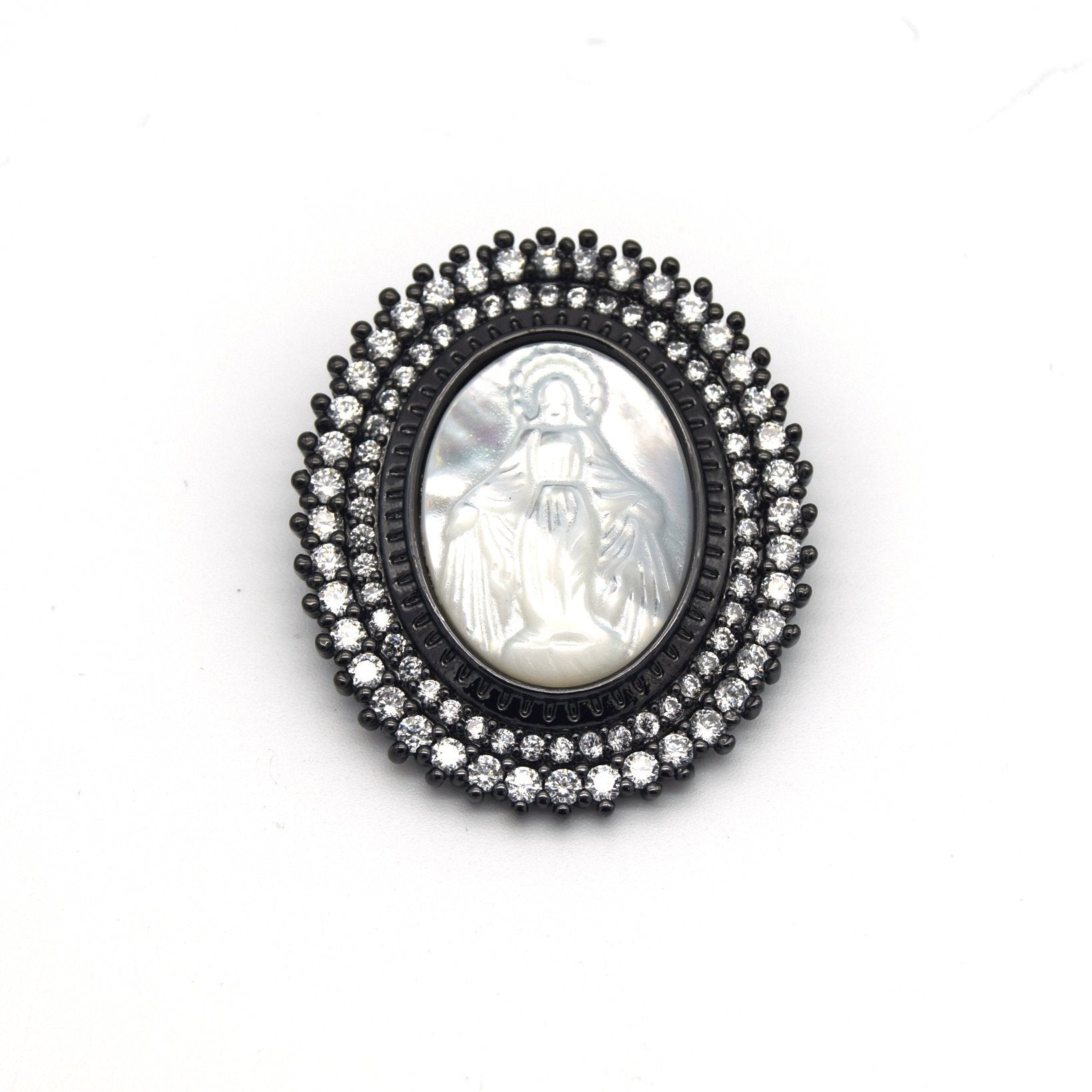 26mm x 32mm Gunmetal CZ Cubic Zirconia Encrusted/Inlaid Virgin Mary Oval Shaped Pendant/Slider