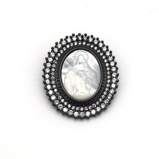 26mm x 32mm Gunmetal CZ Cubic Zirconia Encrusted/Inlaid Virgin Mary Oval Shaped Pendant/Slider