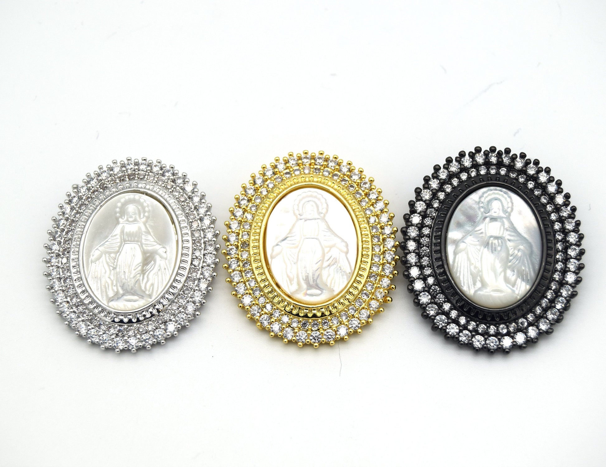 26mm x 32mm Gunmetal CZ Cubic Zirconia Encrusted/Inlaid Virgin Mary Oval Shaped Pendant/Slider