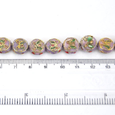 11mm Decorative Floral Lavender Puffed Drum Shaped Metal/Enamel Cloisonné Beads - Sold by 15" Strands (Approx. 36 Beads Per Strand)