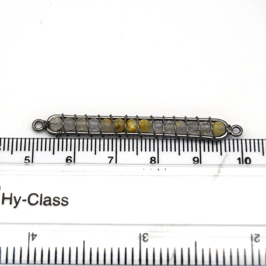 Golden Rutillated Quartz Bezel | 42mm x 4mm Gunmetal Wire Wrapped Bead Inclosure Pendant Connector
