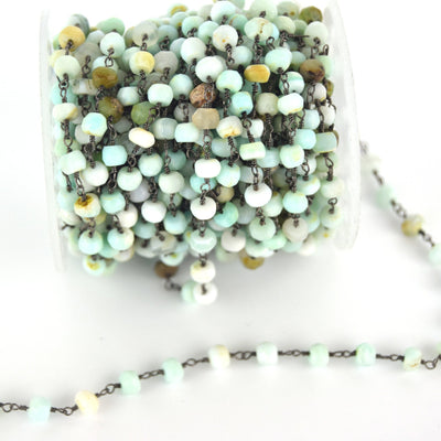 Gunmetal Plated Copper Wrapped Rosary Chain with 6mm Faceted Natural Amazonite Rondelle Shaped Beads