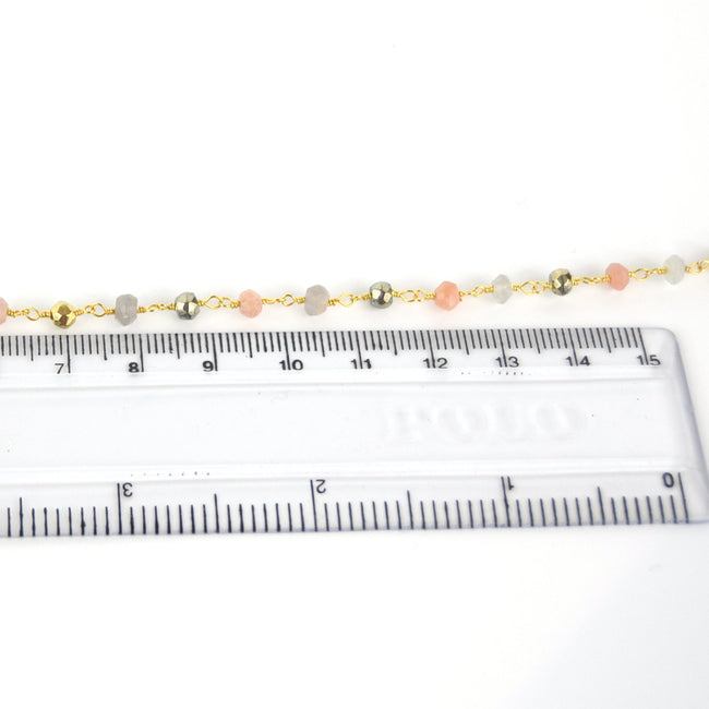 Gold Plated Rosary Chain with 4mm Faceted Mixed Moonstone/Pyrite Beads - Semi-Precious Beads