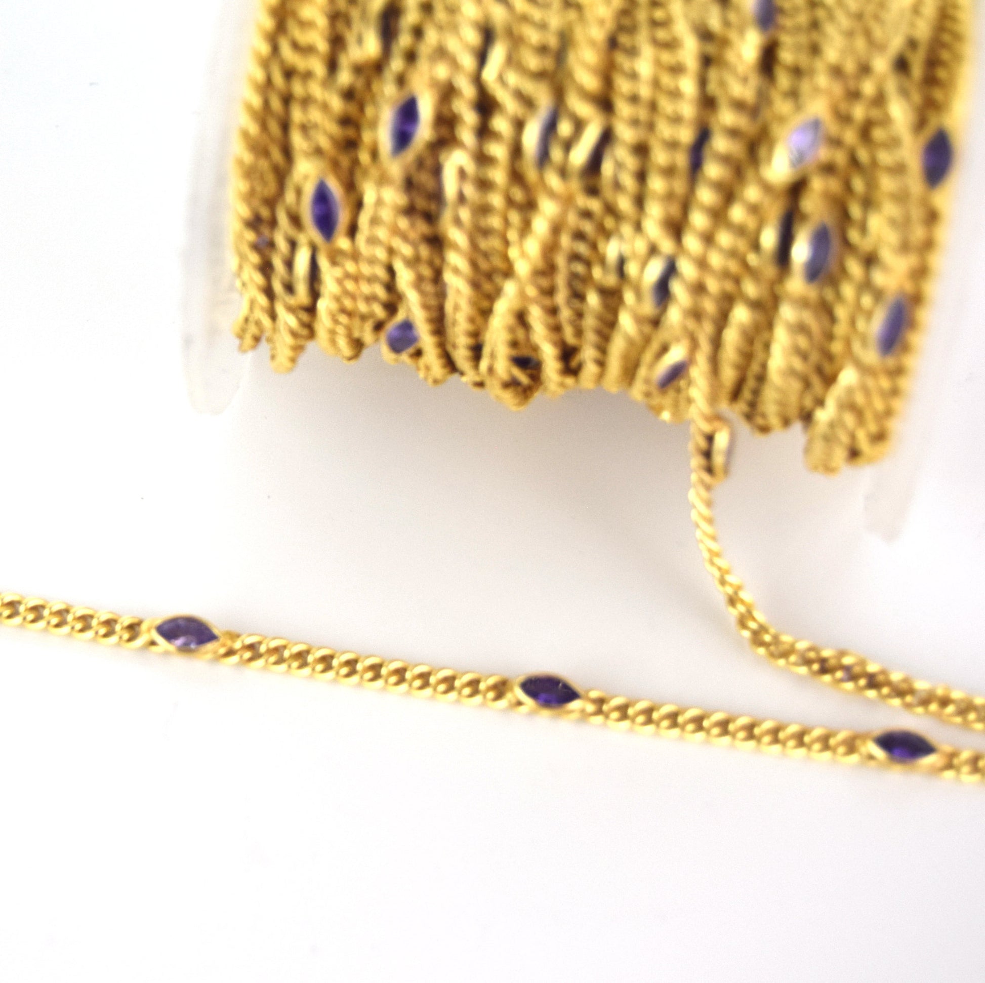 Gold Plated Copper with 6mm Faceted Purple Hydro Quartz Marquise Spaced Bezel Link Rosary Chain