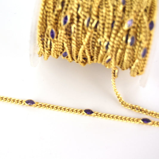 Gold Plated Copper with 6mm Faceted Purple Hydro Quartz Marquise Spaced Bezel Link Rosary Chain