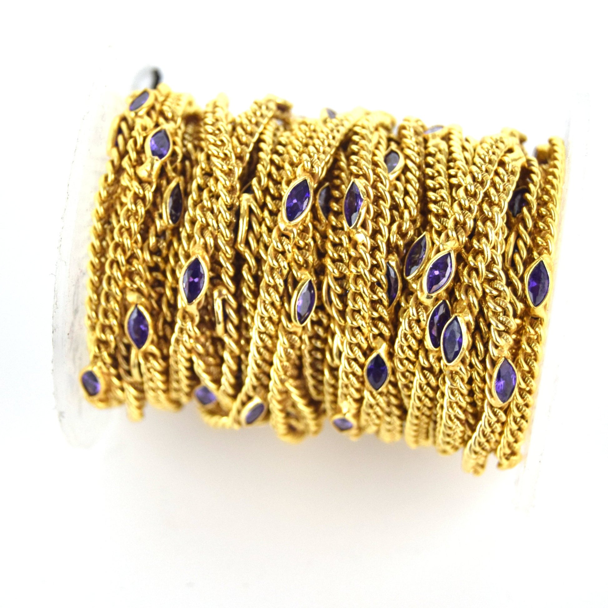 Gold Plated Copper with 6mm Faceted Purple Hydro Quartz Marquise Spaced Bezel Link Rosary Chain