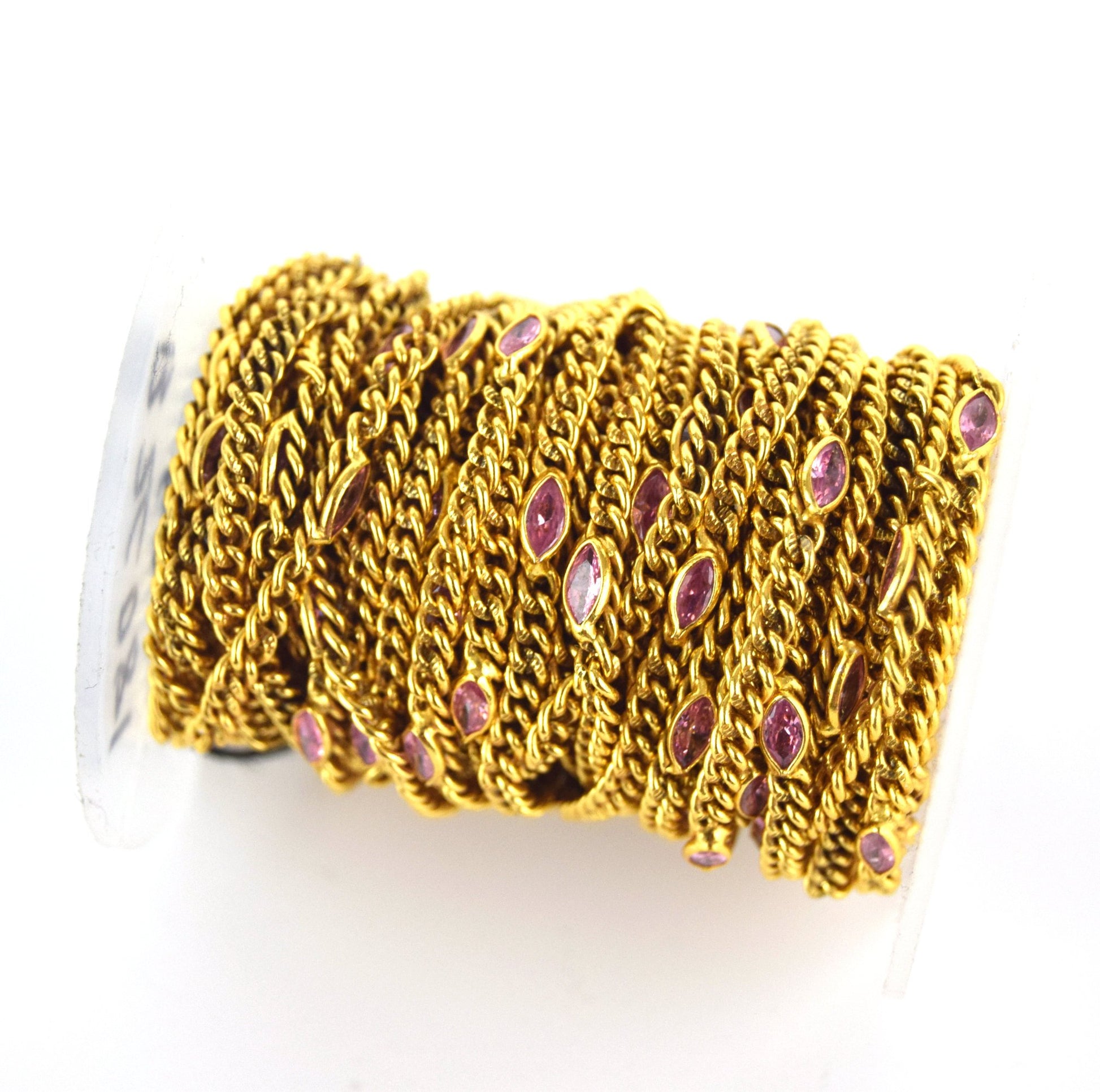 Gold Plated Copper Spaced 6mm Faceted Pink Hydro Quartz Marquise Bezel Link Rosary Chain