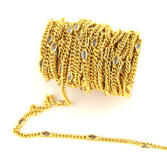 Gold Plated Copper with 6mm Faceted Clear Hydro Quartz Marquise Spaced Bezel Link Rosary Chain