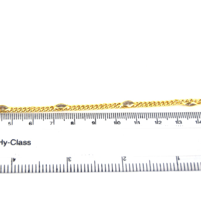 Gold Plated Copper with 6mm Faceted Clear Hydro Quartz Marquise Spaced Bezel Link Rosary Chain