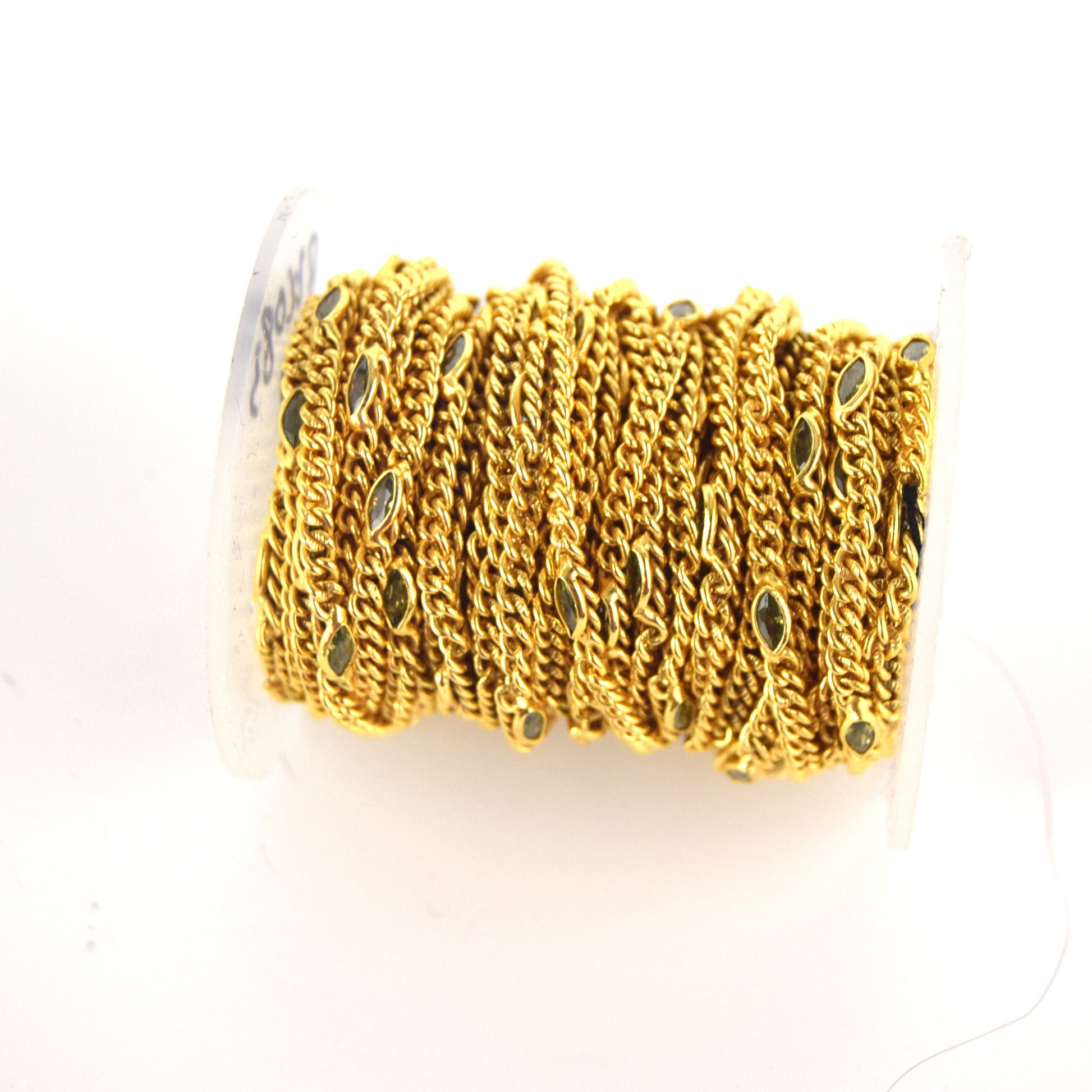 Gold Plated Copper with 6mm Faceted Green Hydro Quartz Marquise Spaced Bezel Link Rosary Chain