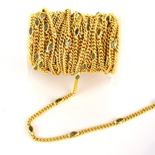 Gold Plated Copper with 6mm Faceted Green Hydro Quartz Marquise Spaced Bezel Link Rosary Chain