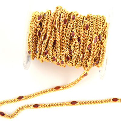 Gold Plated Copper with 6mm Faceted Red Hydro Quartz Marquise Spaced Bezel Link Rosary Chain